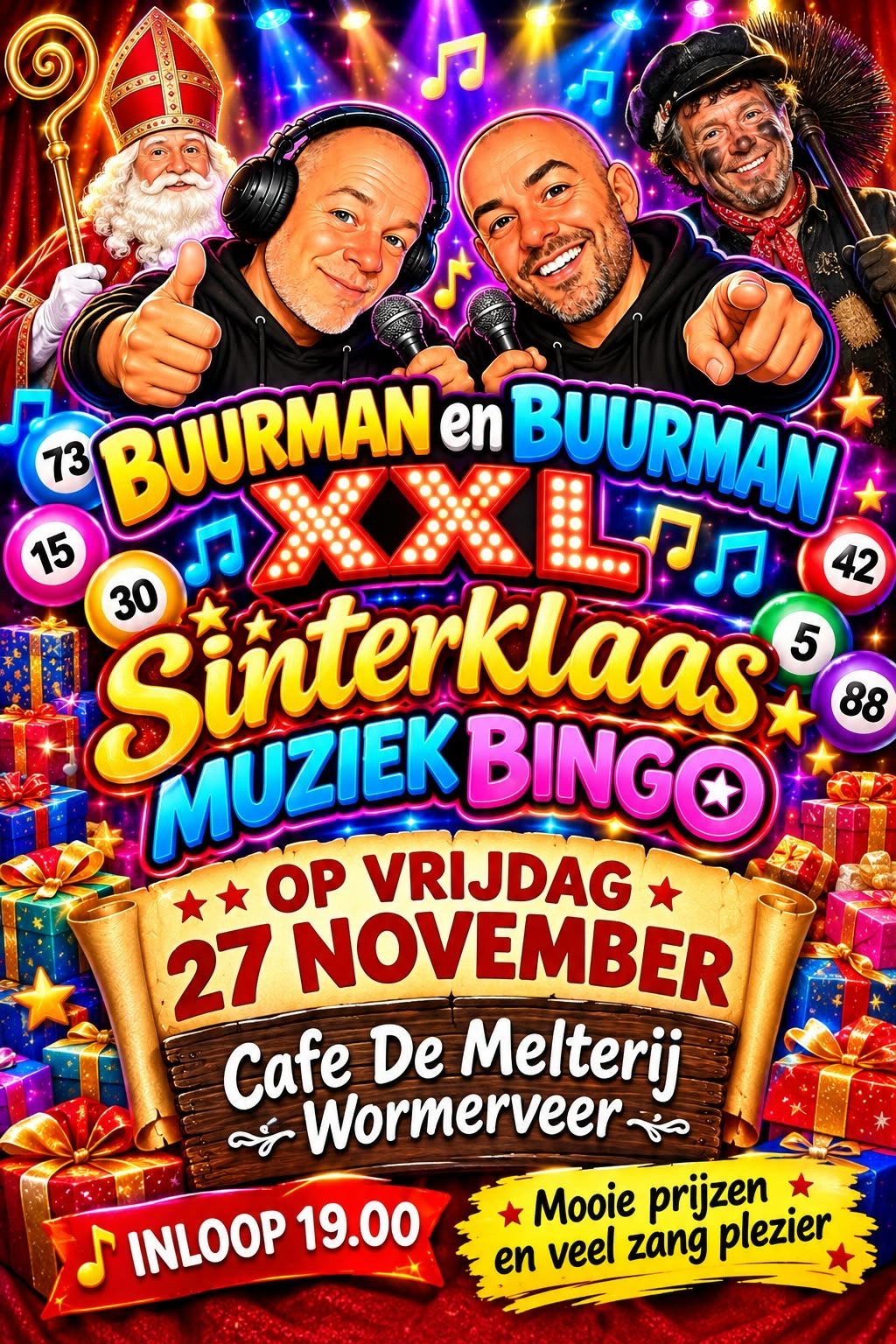 Poster Sinterklaas muziekbingo vrijdag 27 november Café De Melterij Wormerveer